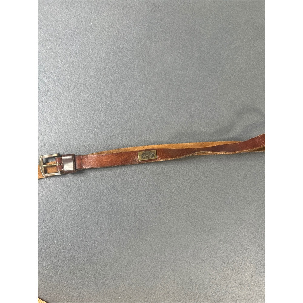 Vintage Levis Brown Leather Belt with Metal Logo Plaque Silver Buckle Size 36-40